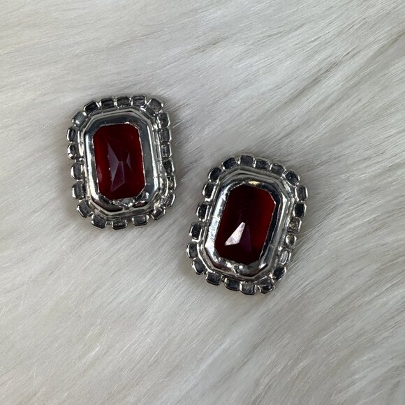 Vintage Red & Clear Glass Prong Set Rhinestone Pierced Earrings - Picture 2 of 7